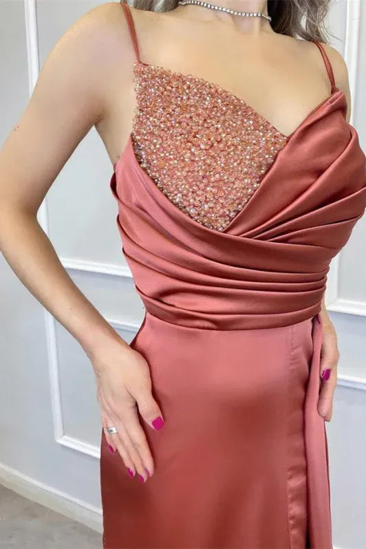 Glamorous Sheath Spaghetti Strap Beaded Terracotta Floor-Length Prom Dresses