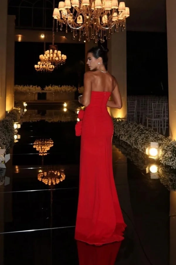 Glamorous Sheath Strapless Floral Red Floor-Length Prom Dress