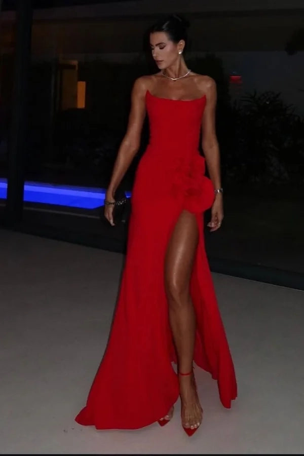 Glamorous Sheath Strapless Floral Red Floor-Length Prom Dress
