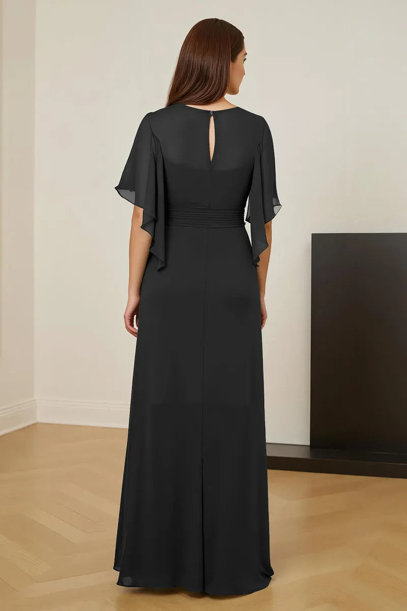 Glamorous Sheath V-Neck Ruched Keyhole Ankle-Length High Side Slit.Mother of the Bride Dress with Flutter Sleeve