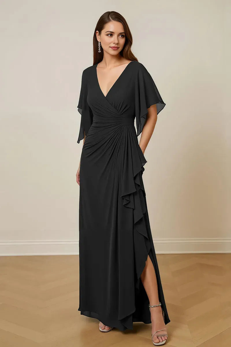 Glamorous Sheath V-Neck Ruched Keyhole Ankle-Length High Side Slit.Mother of the Bride Dress with Flutter Sleeve