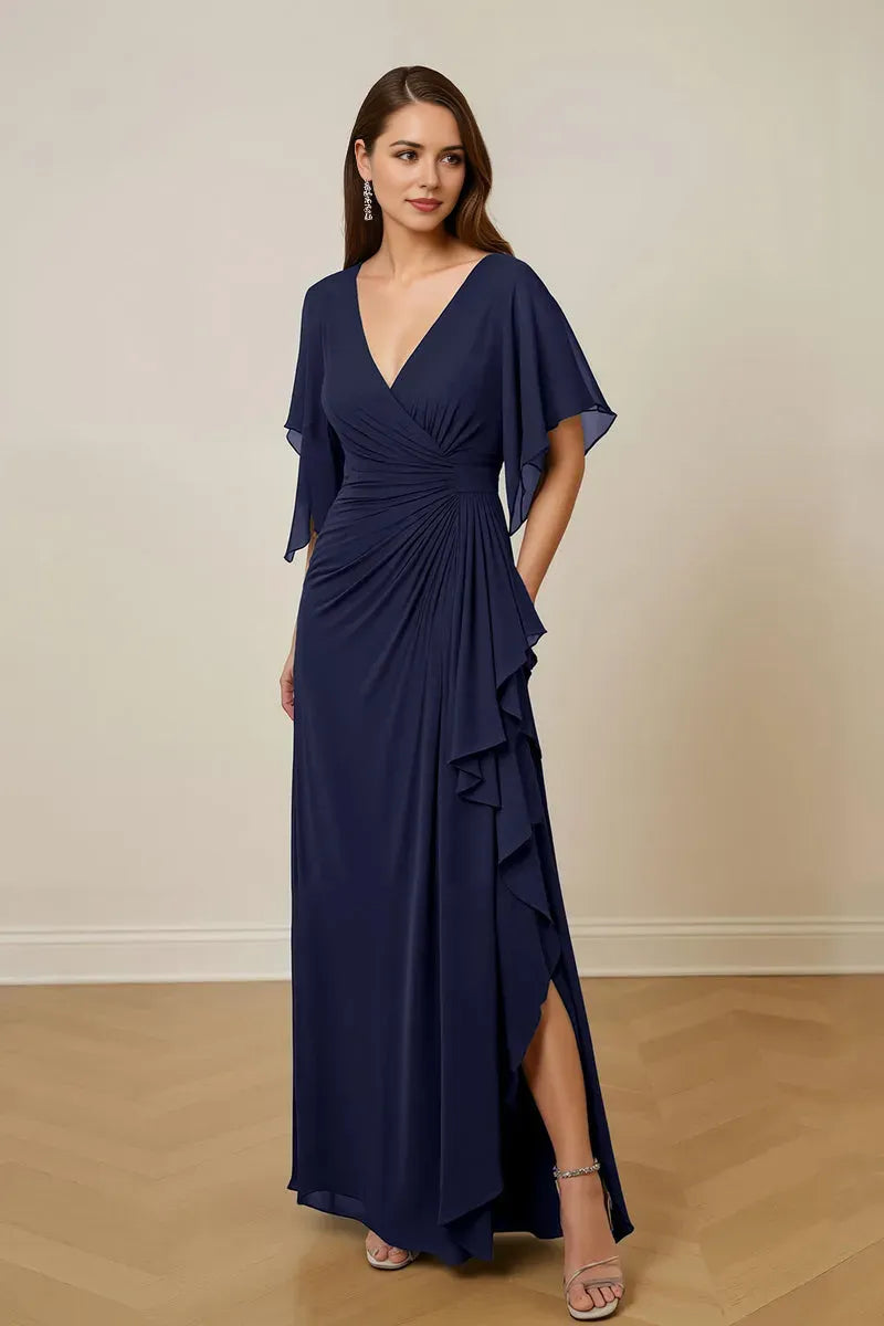 Glamorous Sheath V-Neck Ruched Keyhole Ankle-Length High Side Slit.Mother of the Bride Dress with Flutter Sleeve