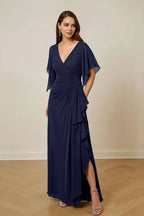 Glamorous Sheath V-Neck Ruched Keyhole Ankle-Length High Side Slit.Mother of the Bride Dress with Flutter Sleeve