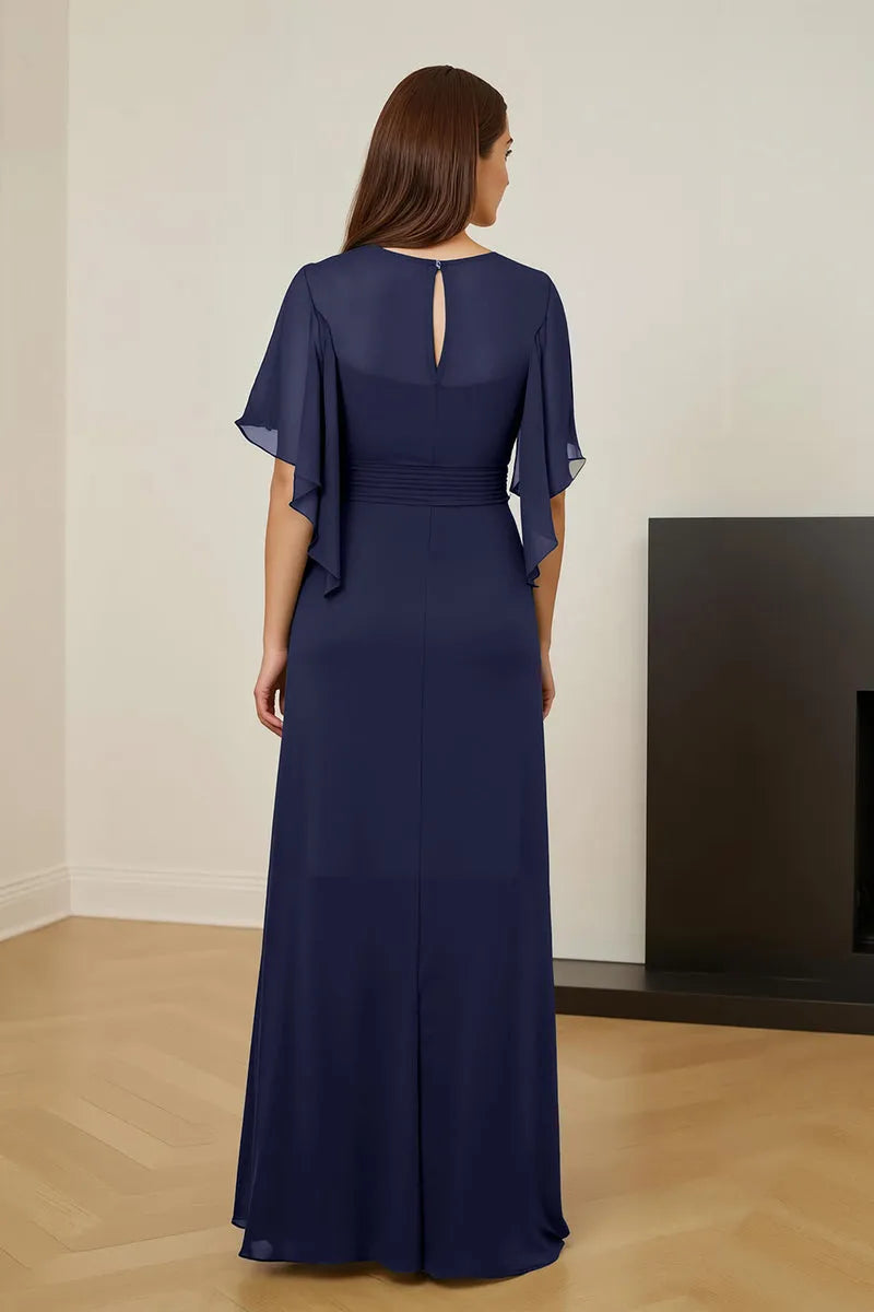 Glamorous Sheath V-Neck Ruched Keyhole Ankle-Length High Side Slit.Mother of the Bride Dress with Flutter Sleeve