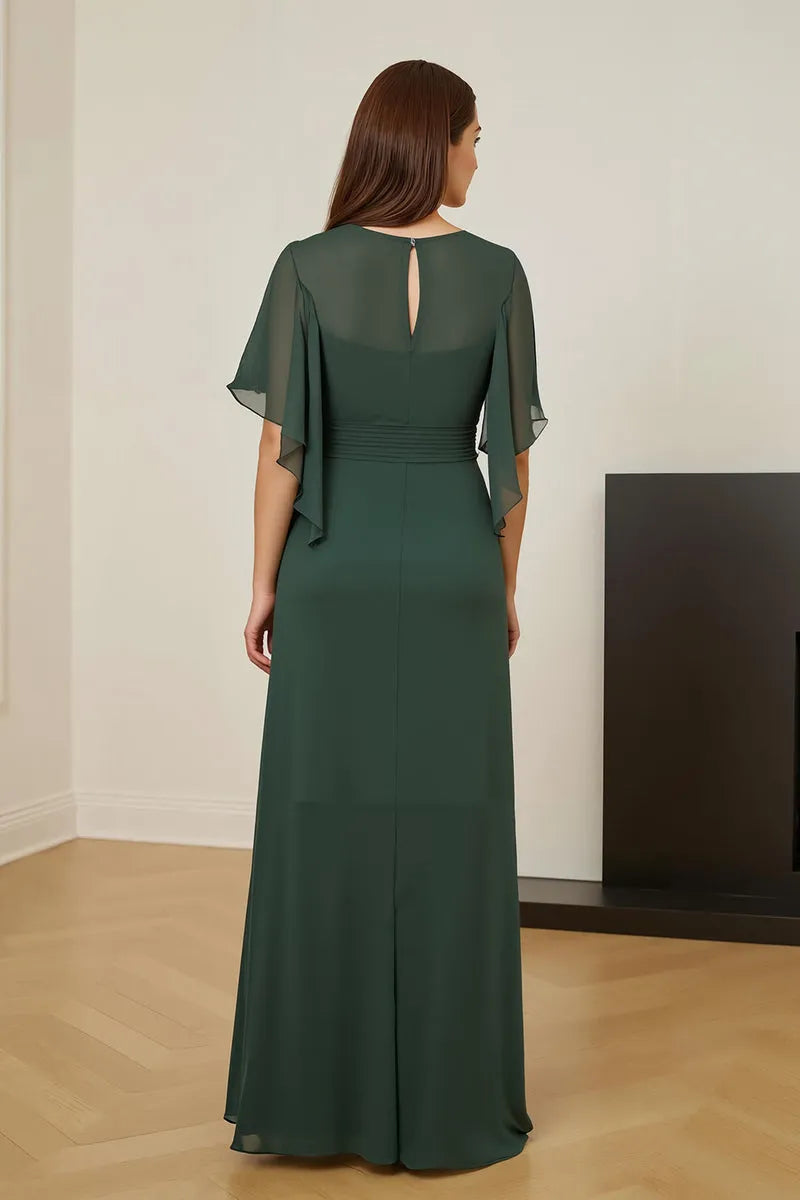 Glamorous Sheath V-Neck Ruched Keyhole Ankle-Length High Side Slit.Mother of the Bride Dress with Flutter Sleeve