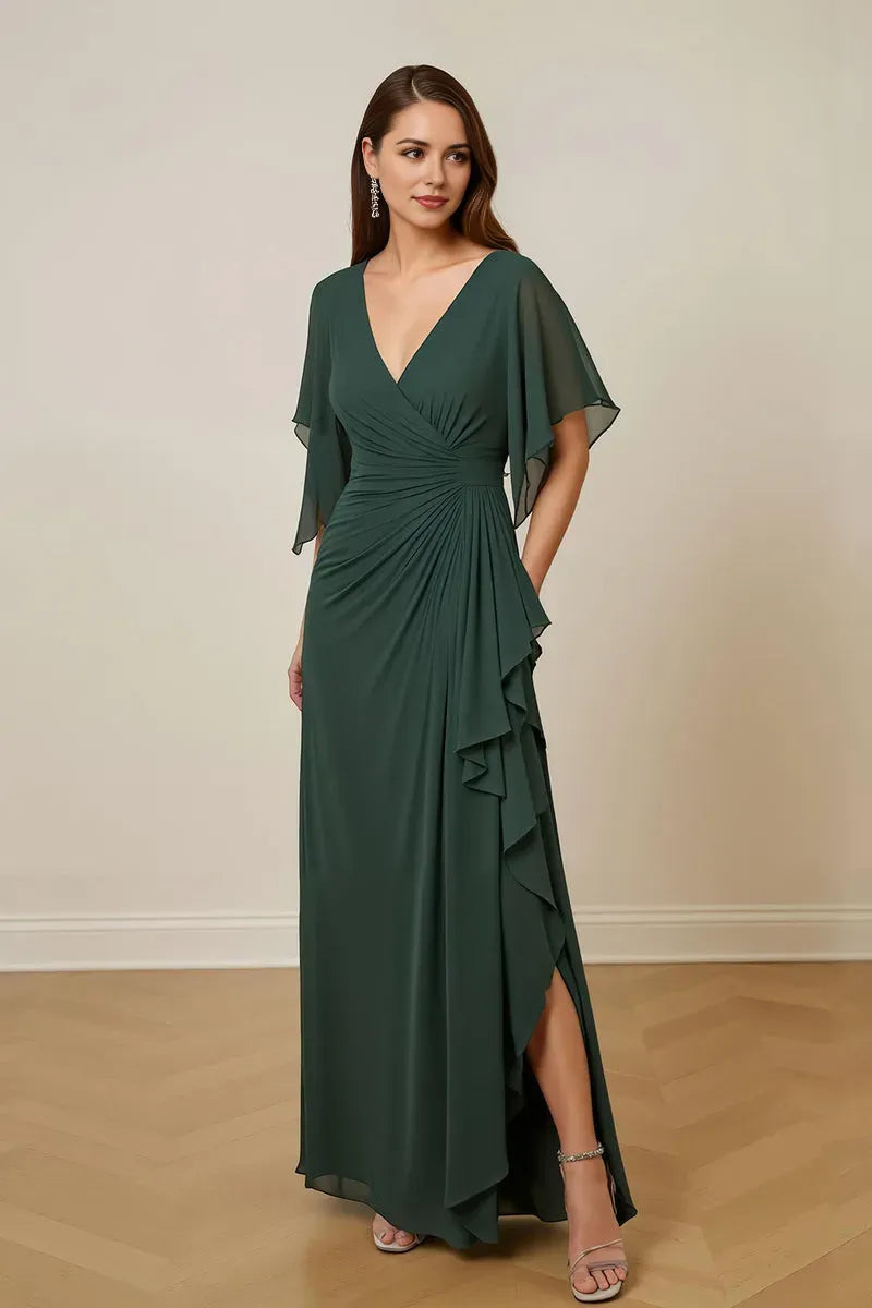 Glamorous Sheath V-Neck Ruched Keyhole Ankle-Length High Side Slit.Mother of the Bride Dress with Flutter Sleeve