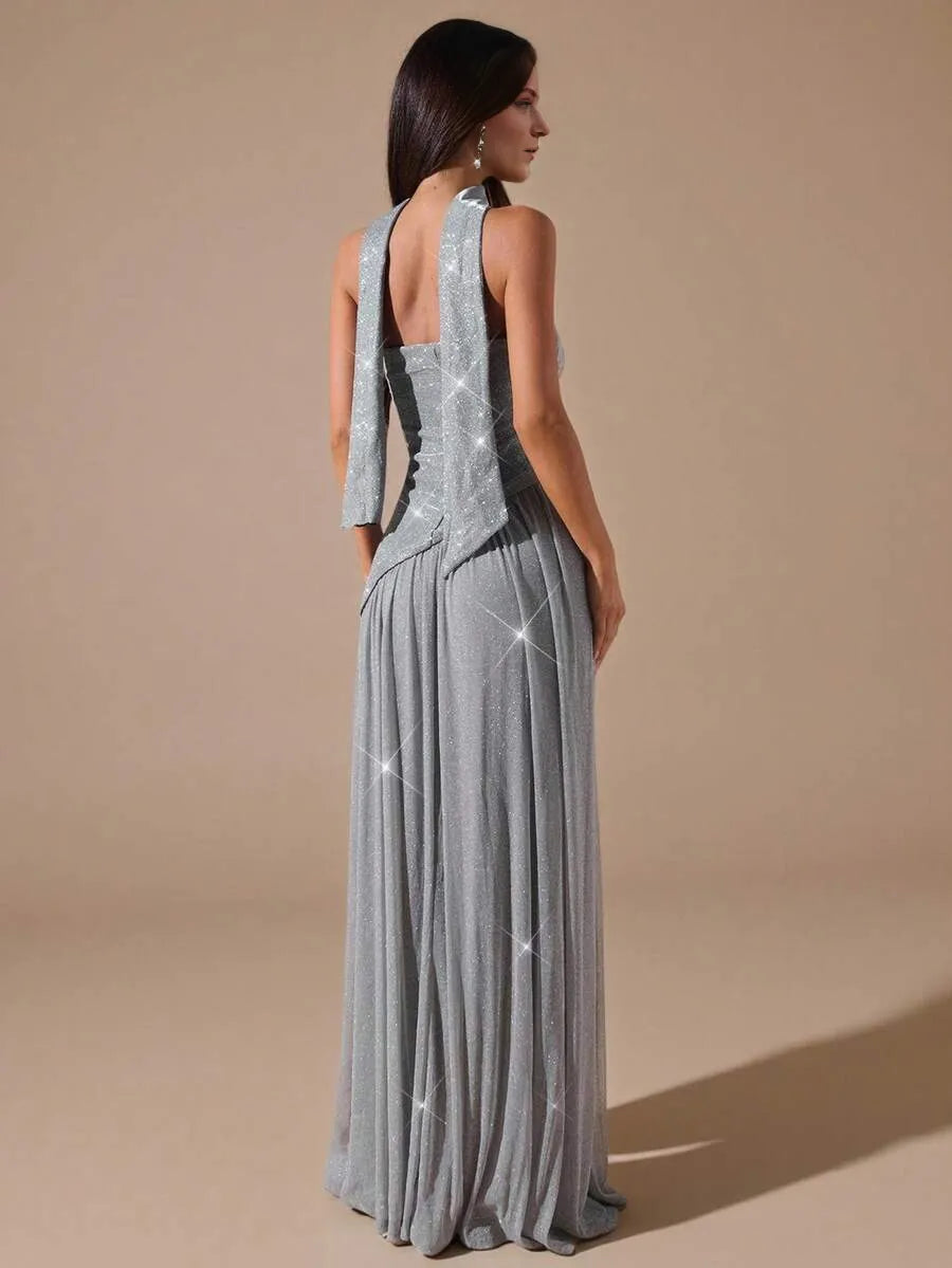 Glamorous Silver A-Line Straight Neck Strapless Drape Back Floor-Length Prom Dresses with Scarf