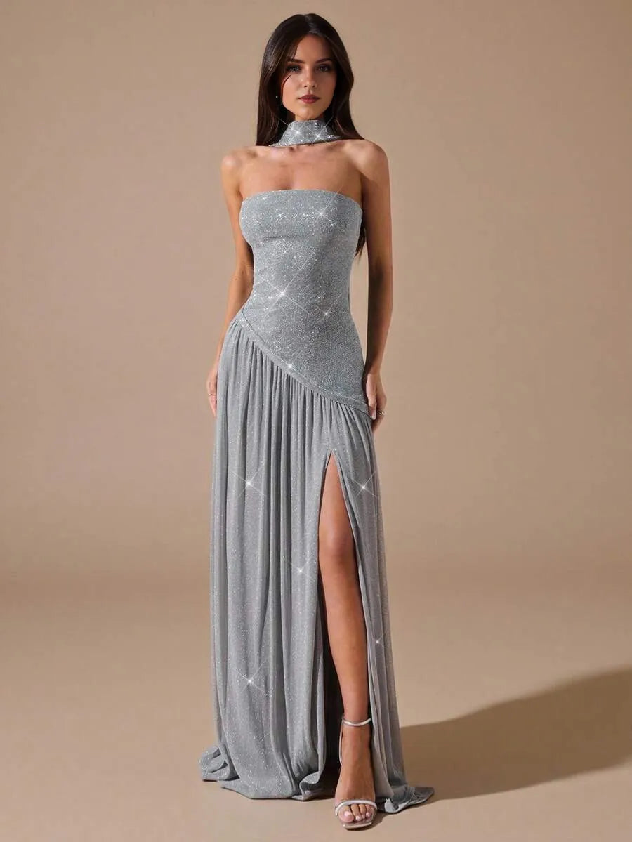 Glamorous Silver A-Line Straight Neck Strapless Drape Back Floor-Length Prom Dresses with Scarf
