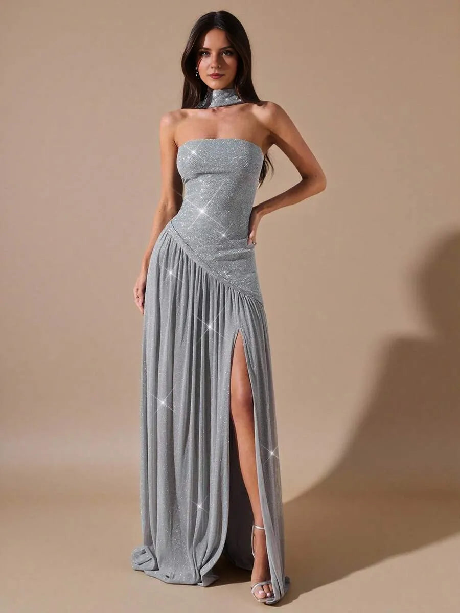 Glamorous Silver A-Line Straight Neck Strapless Drape Back Floor-Length Prom Dresses with Scarf