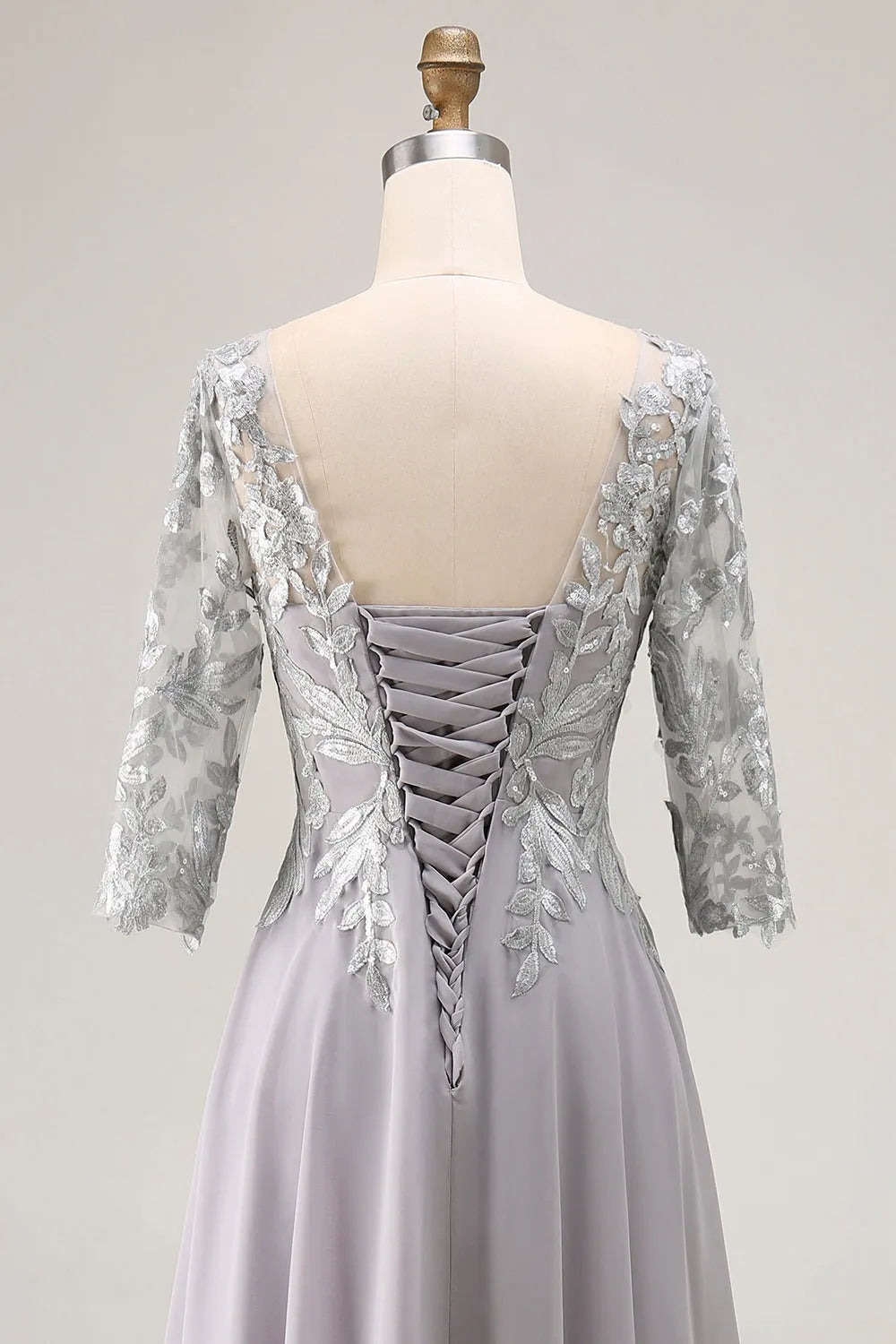 Glamorous Silver A-Line V-Neck Three Quarter Sleeve Lace Up Back Floor-Length Appliqued Mother of the Bride Dresses