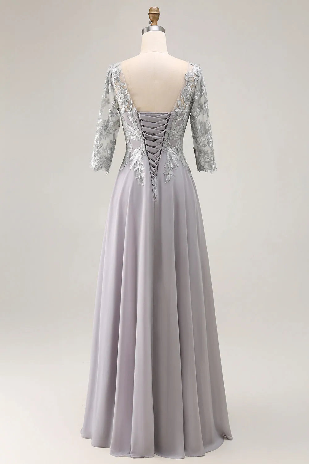 Glamorous Silver A-Line V-Neck Three Quarter Sleeve Lace Up Back Floor-Length Appliqued Mother of the Bride Dresses