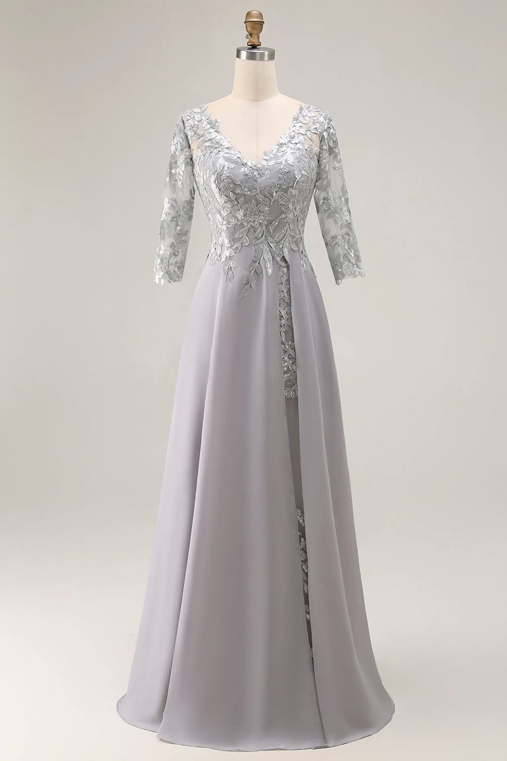 Glamorous Silver A-Line V-Neck Three Quarter Sleeve Lace Up Back Floor-Length Appliqued Mother of the Bride Dresses