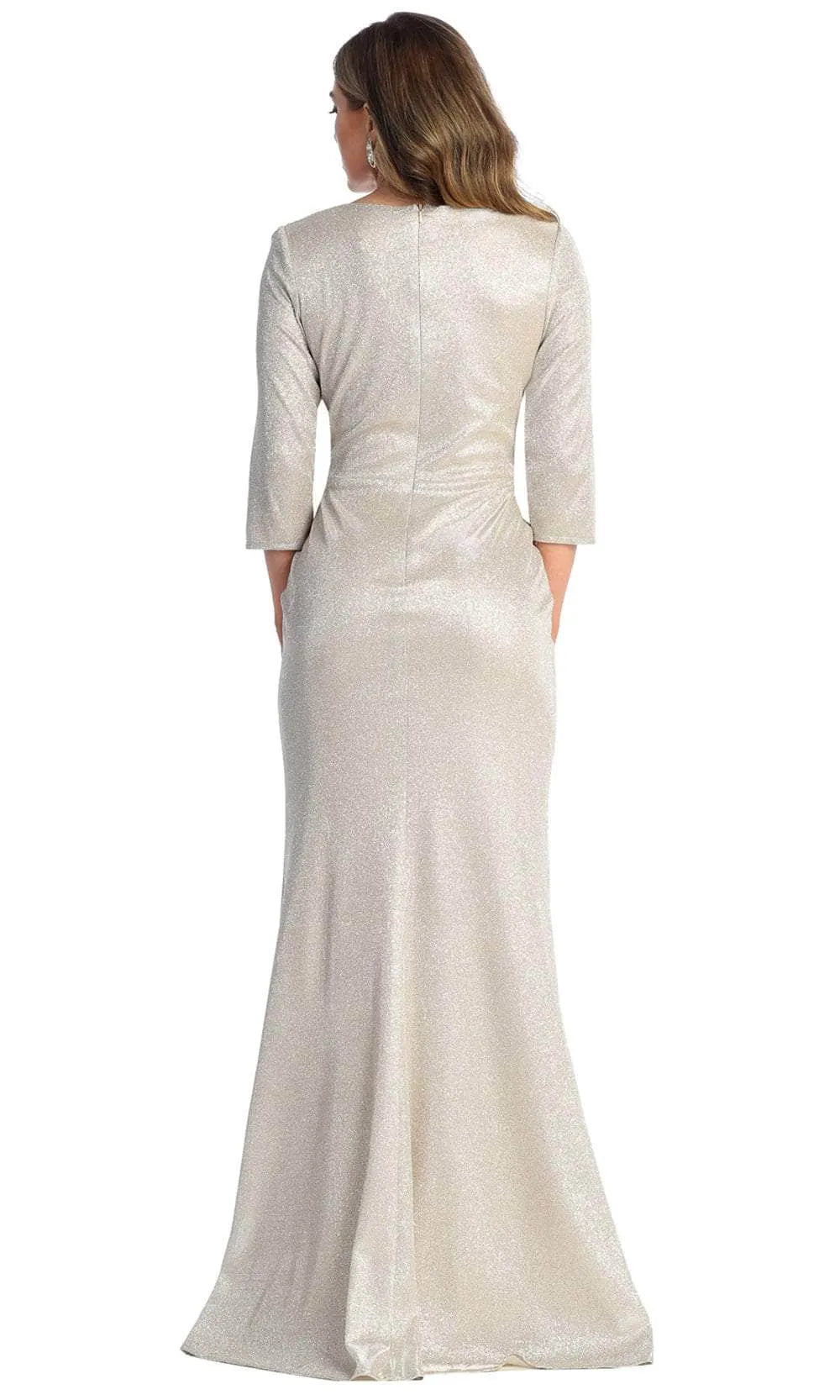 Glamorous Silver Glitter Knit Wrap  Front Evening Gown with 3/4 Sleeves A Sparkling Choice for Formal Galas Weddings and Special Occasions