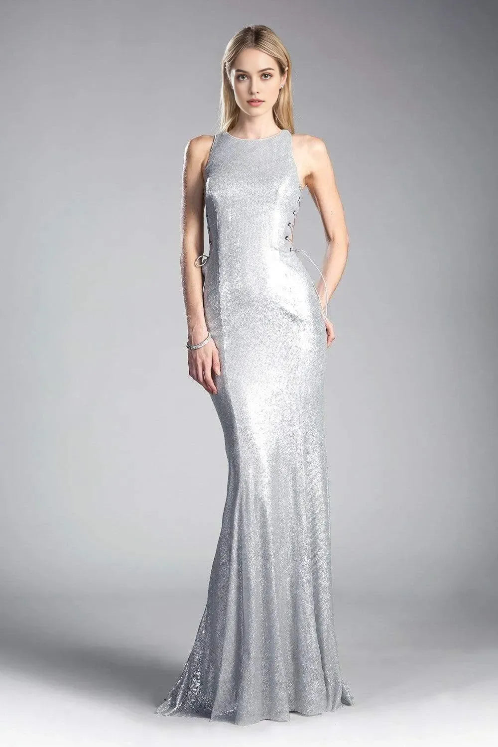 Glamorous Silver Sequin Evening Dresses with Sleeveless Design Round Neckline Side Lace Up Detailing and Mermaid Silhouette for Formal