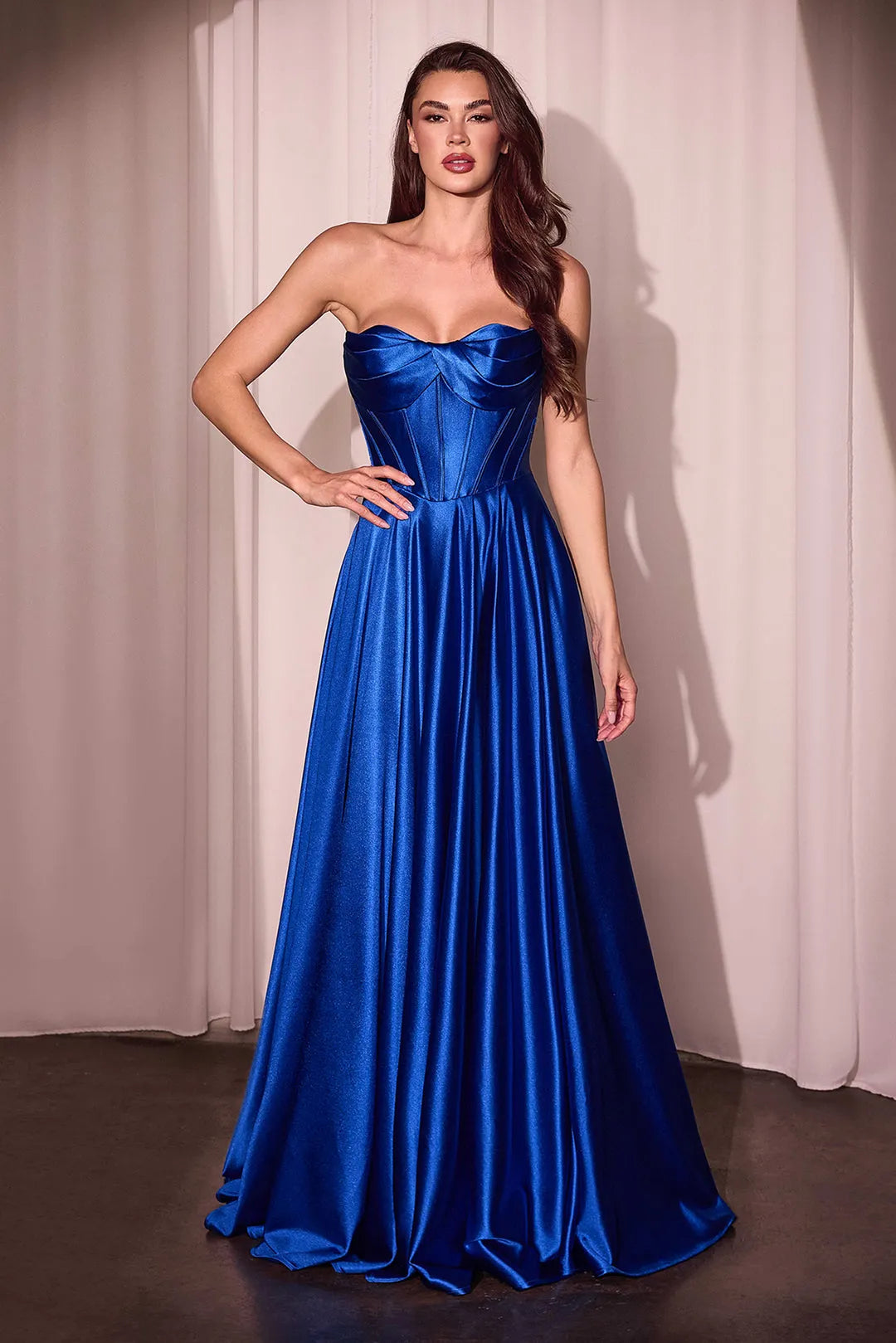 Glamorous Sky - Blue Satin Strapless Ball Gown Prom Dress with High Side Slit