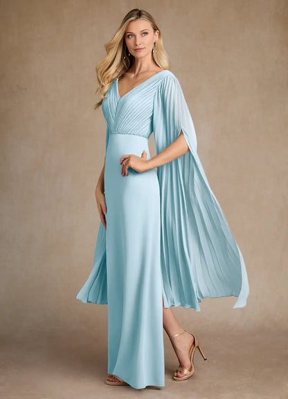 Glamorous Sky Blue Pleated Crepe Mother of the Bride Dress with Plunging V - Neck Pleated Bodice Draped Chiffon Cape Sleeves