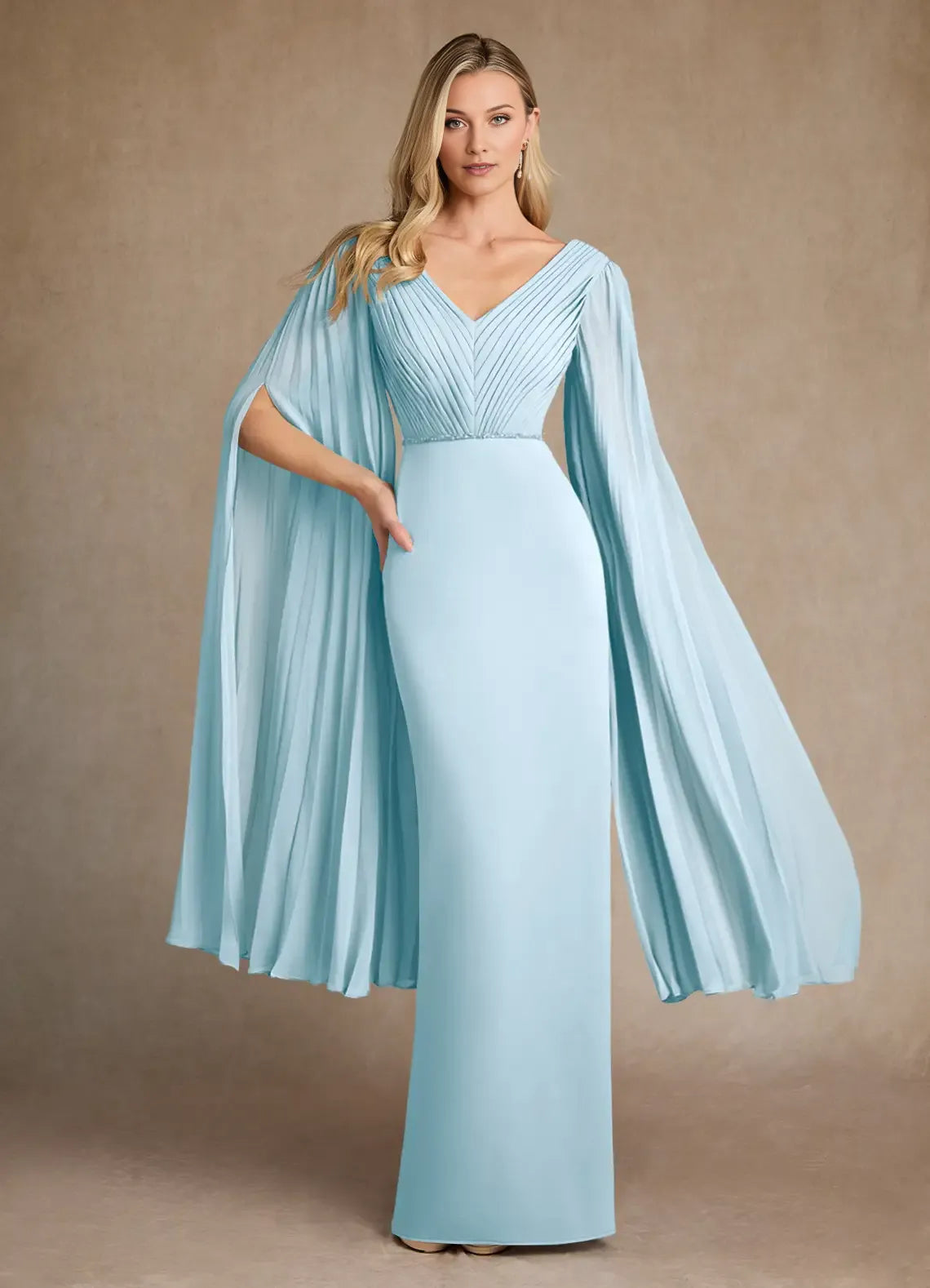 Glamorous Sky Blue Pleated Crepe Mother of the Bride Dress with Plunging V - Neck Pleated Bodice Draped Chiffon Cape Sleeves