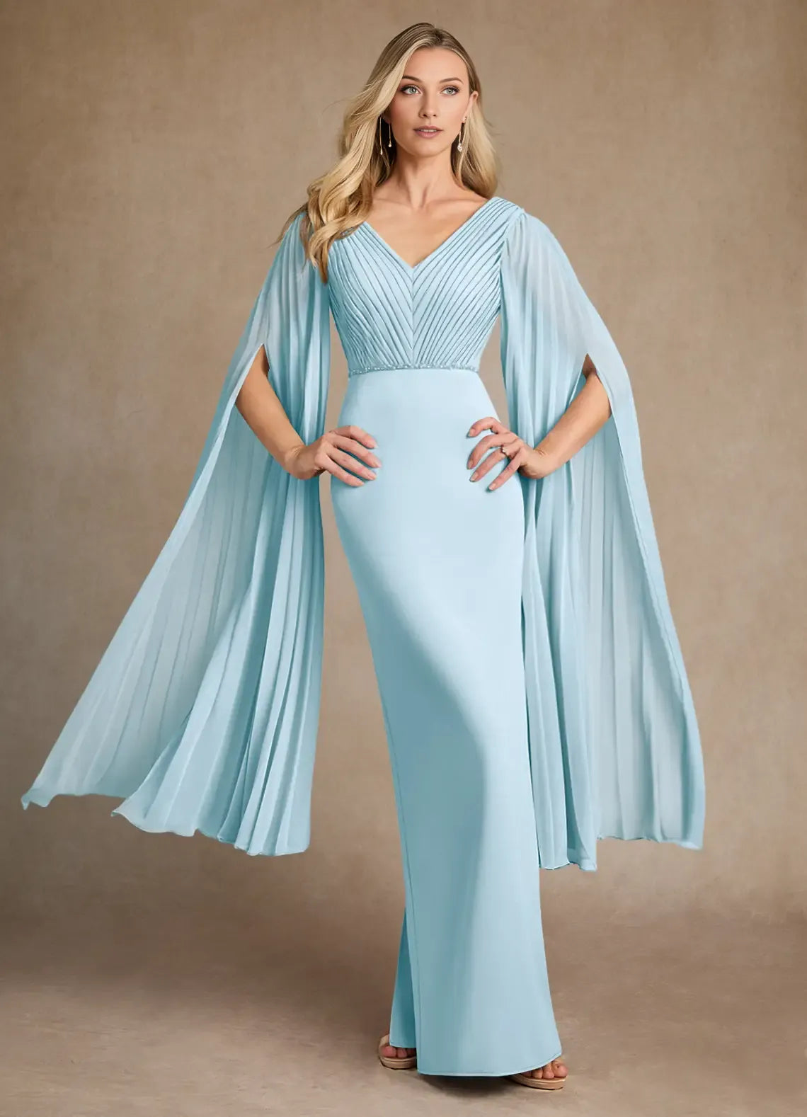 Glamorous Sky Blue Pleated Crepe Mother of the Bride Dress with Plunging V - Neck Pleated Bodice Draped Chiffon Cape Sleeves
