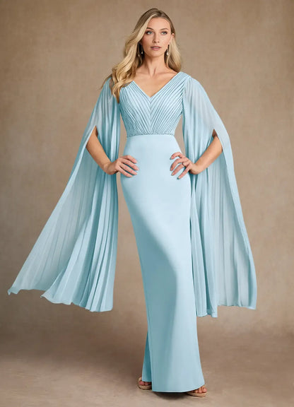 Glamorous Sky Blue Pleated Crepe Mother of the Bride Dress with Plunging V - Neck Pleated Bodice Draped Chiffon Cape Sleeves