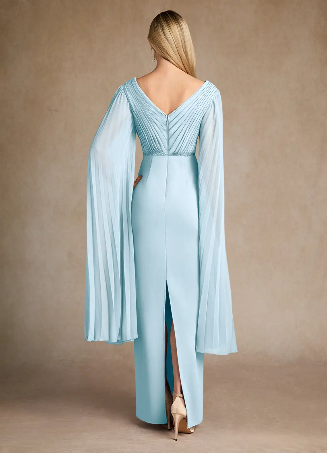 Glamorous Sky Blue Pleated Crepe Mother of the Bride Dress with Plunging V - Neck Pleated Bodice Draped Chiffon Cape Sleeves