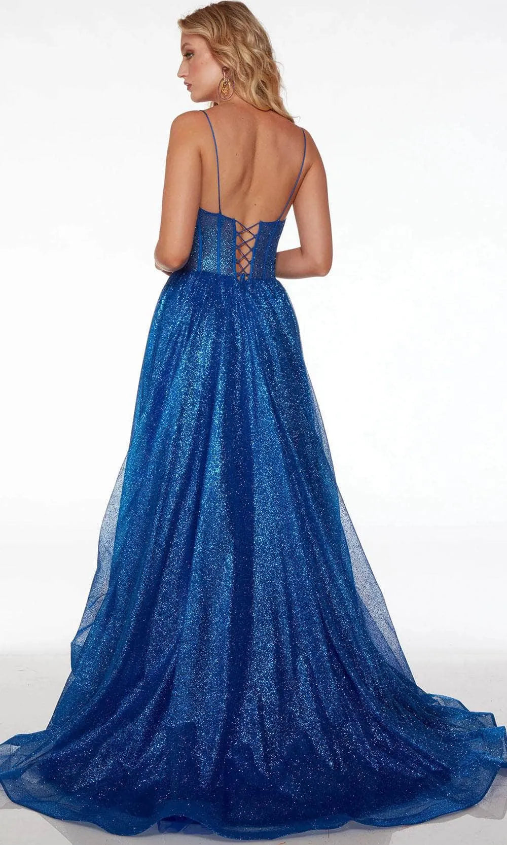 Glamorous Spaghetti - Strap Royal Blue Glitter Prom Dress with Sheer Corset Bodice and High Side Slit, Perfect for Evening Galas Formal Occasions