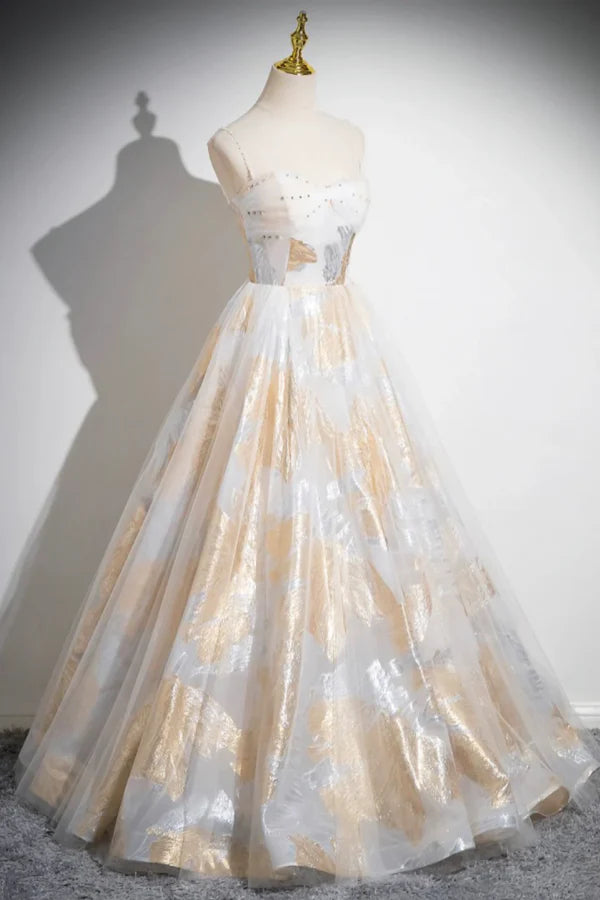 Glamorous Spaghetti Metallic-Embroidered White Gold Tulle Long Prom Dresses