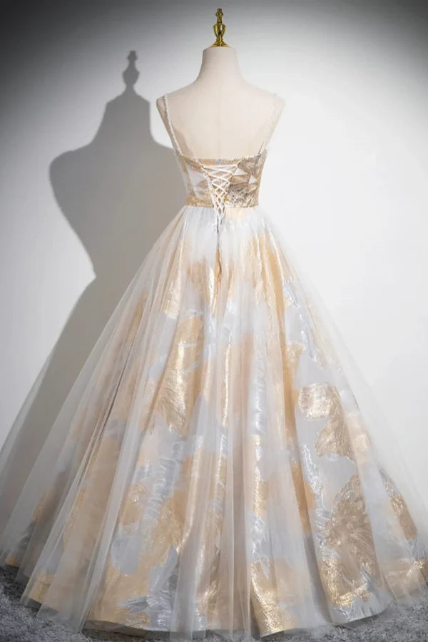 Glamorous Spaghetti Metallic-Embroidered White Gold Tulle Long Prom Dresses