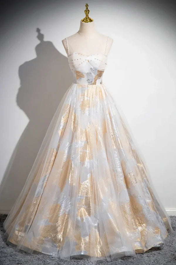 Glamorous Spaghetti Metallic-Embroidered White Gold Tulle Long Prom Dresses