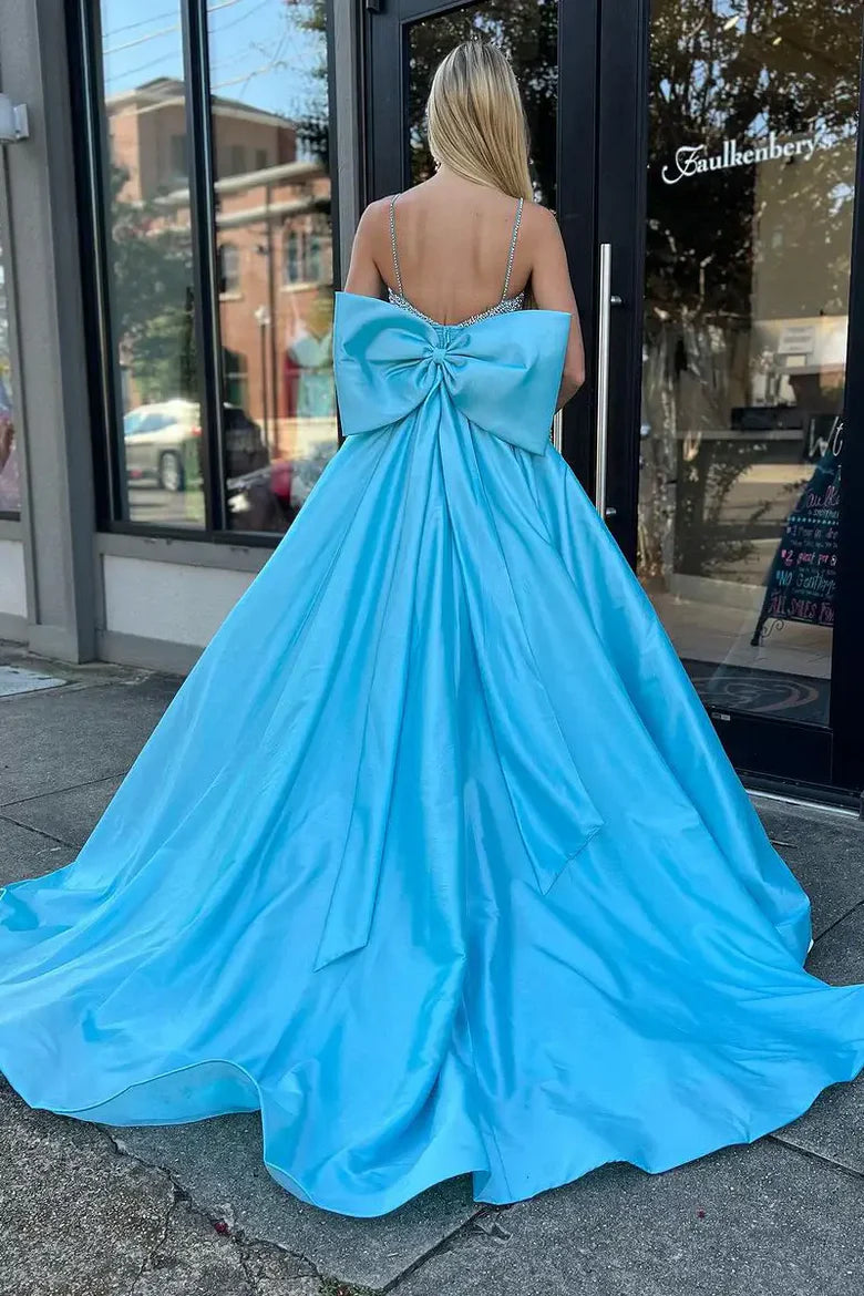 Glamorous Spaghetti Strap Beaded Sky Blue Floor-Length Prom Dress