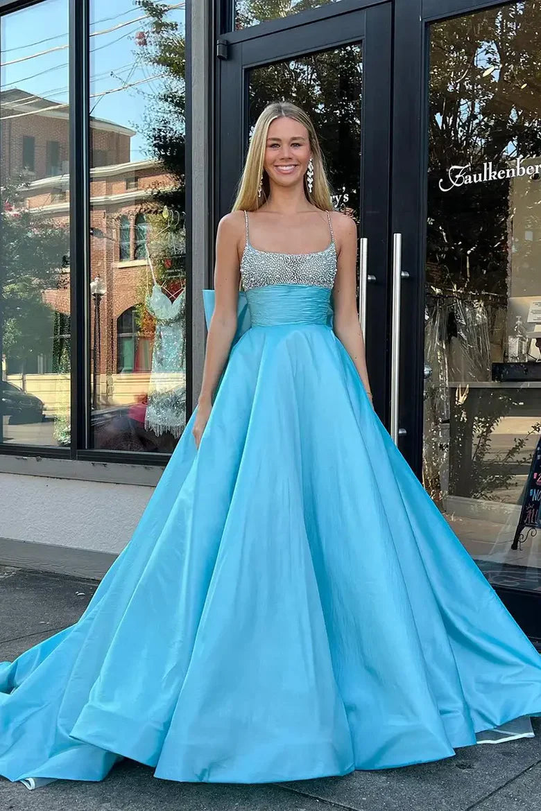 Glamorous Spaghetti Strap Beaded Sky Blue Floor-Length Prom Dress
