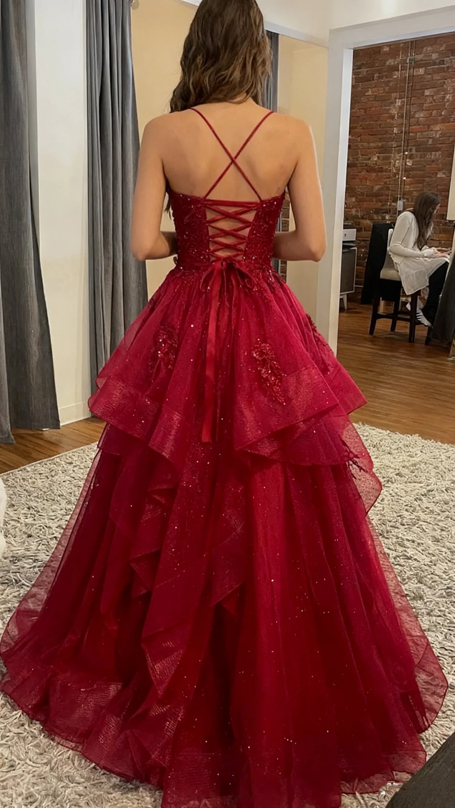 Glamorous Spaghetti Strap Ruffled Red Maxi Prom Dress