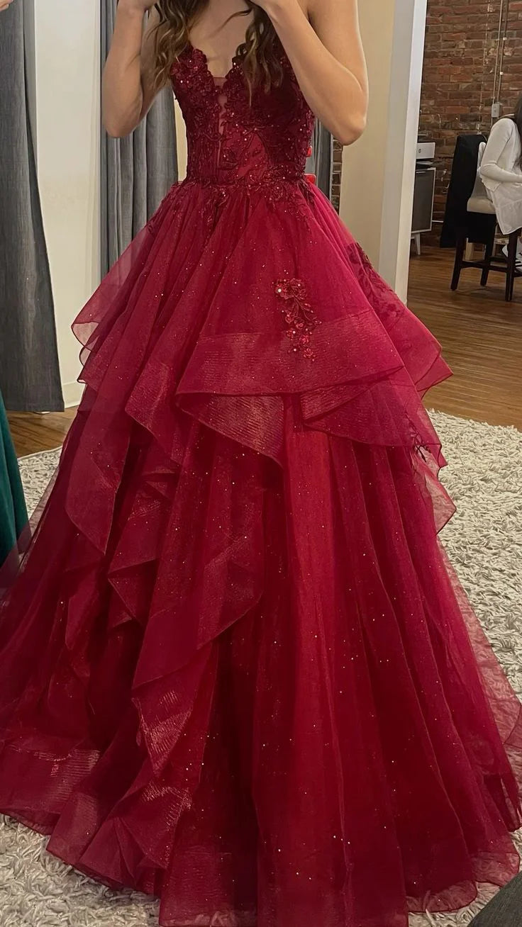 Glamorous Spaghetti Strap Ruffled Red Maxi Prom Dress