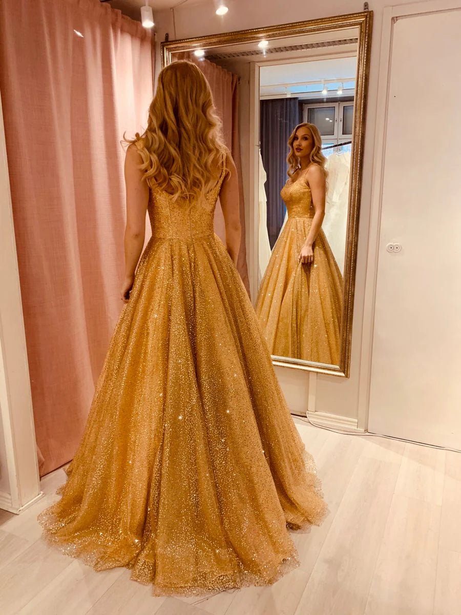 Glamorous Spaghetti Strap Sequin Gold Maxi Prom Dress