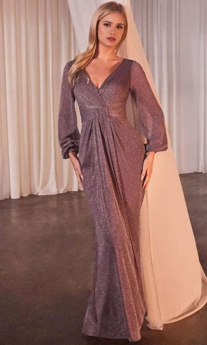 Glamorous Sparkle Purple V - Neck Evening Gown with Sheer Lantern Sleeves Ideal for Proms and Formal Balls