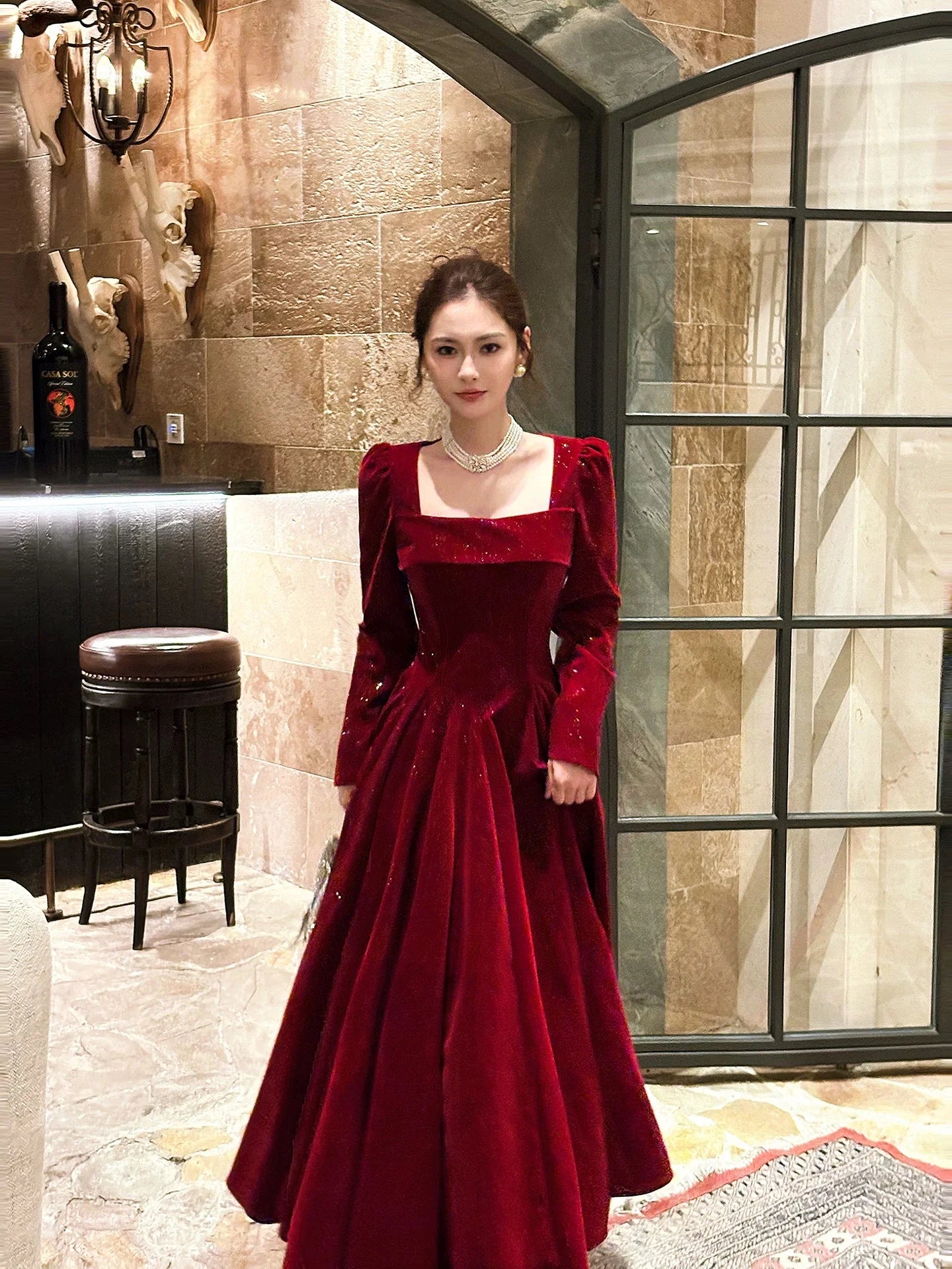 Glamorous Square Neck Velvet Burgundy Maxi Prom Dress