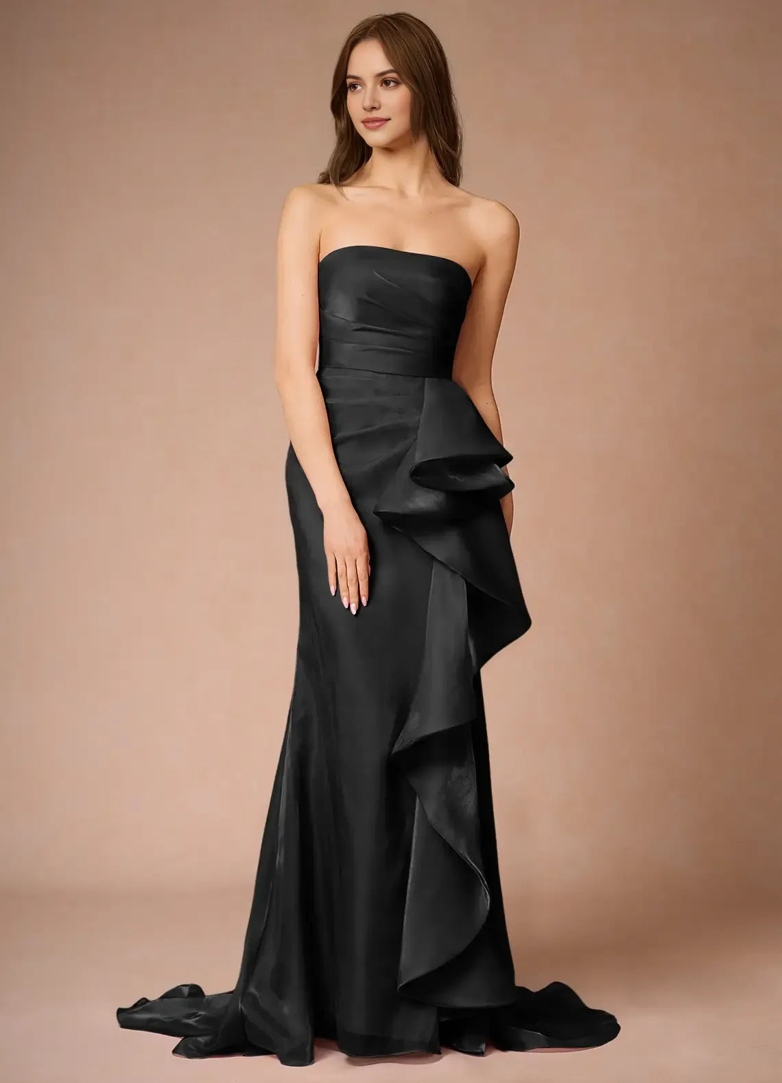 Glamorous Strapless Black Organza Prom Dress with Draped Bodice Asymmetric Ruffle Detail  Train for Formal Galas