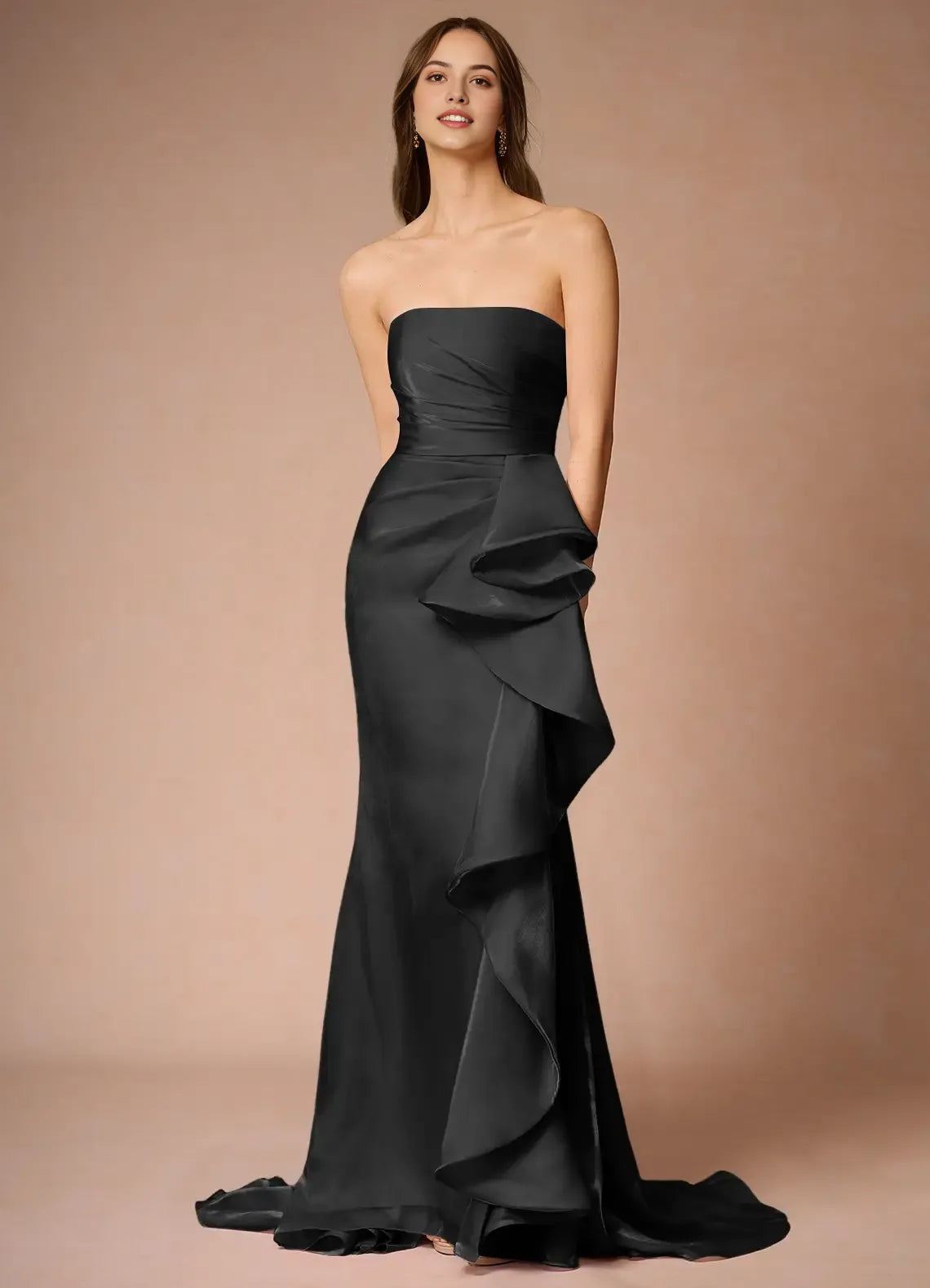 Glamorous Strapless Black Organza Prom Dress with Draped Bodice Asymmetric Ruffle Detail  Train for Formal Galas