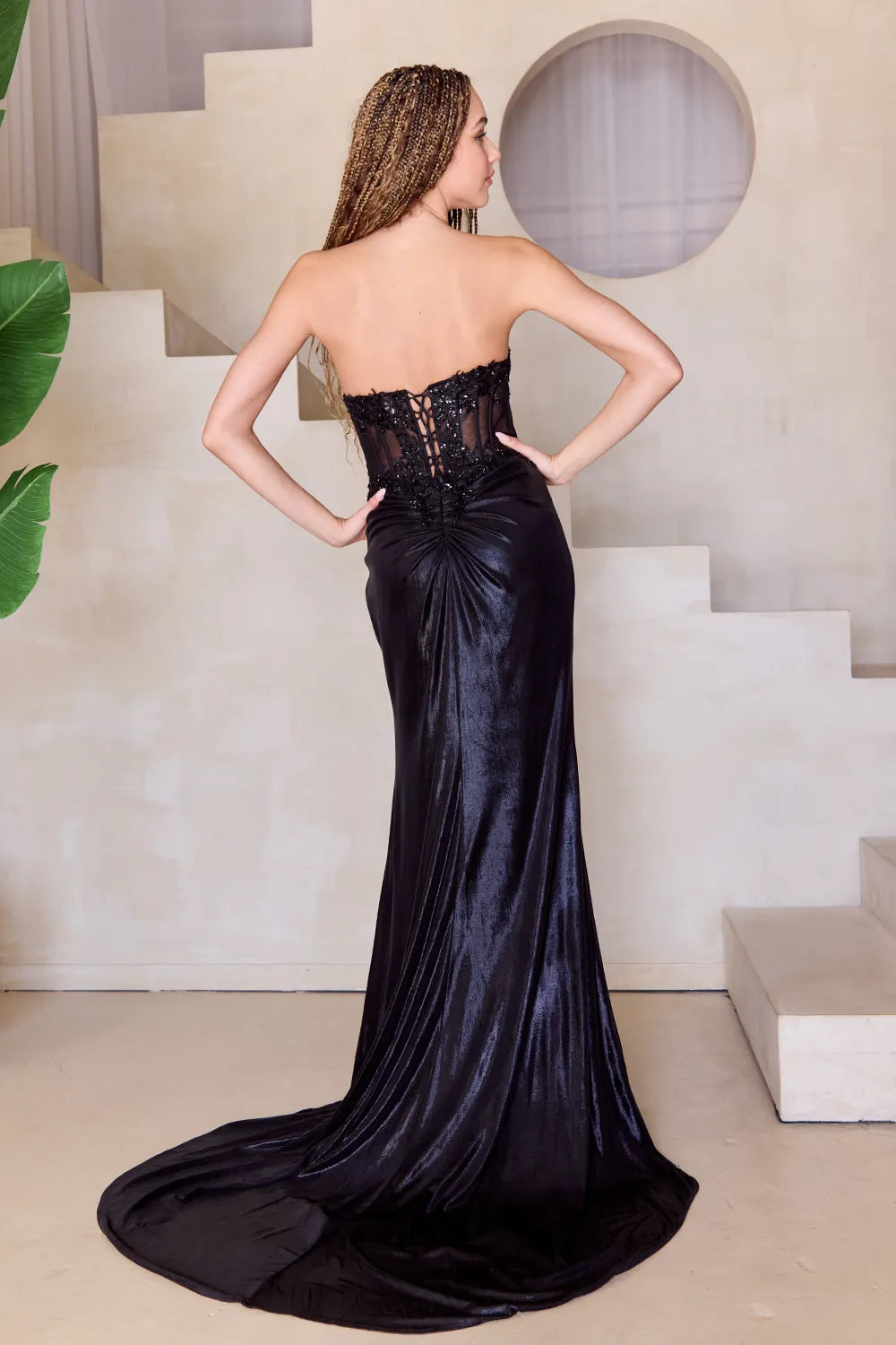 Glamorous Strapless Black Prom Dresses with Sheer Beaded Bodice Corset  Inspired Details and High Side Slit for Formal Evening Events