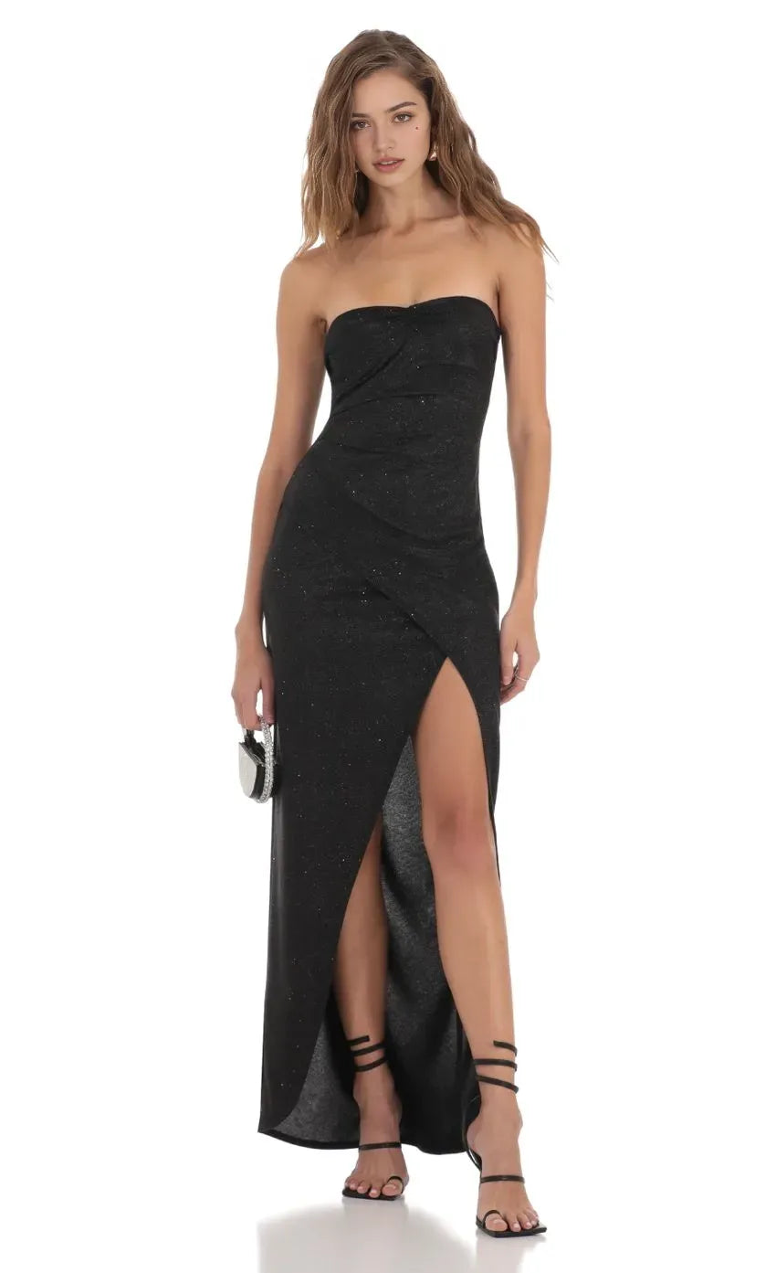 Glamorous Strapless Black Sparkle Prom Dress with Asymmetric Draped Bodice High Thigh Slit and Figure Hugging Silhouette for Evening Galas and Formal Celebrations