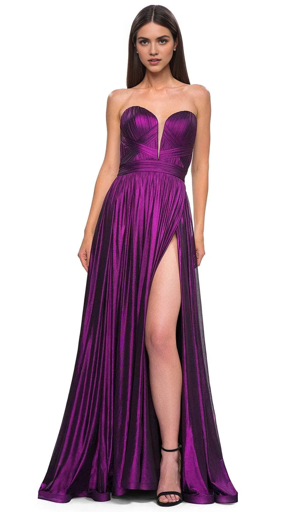 Glamorous Strapless Bronze Metallic Prom Dress with Sheer V - Neck Detail and High Side Slit – Ideal for Luxury Ballroom Events and Foreign Trade Galas