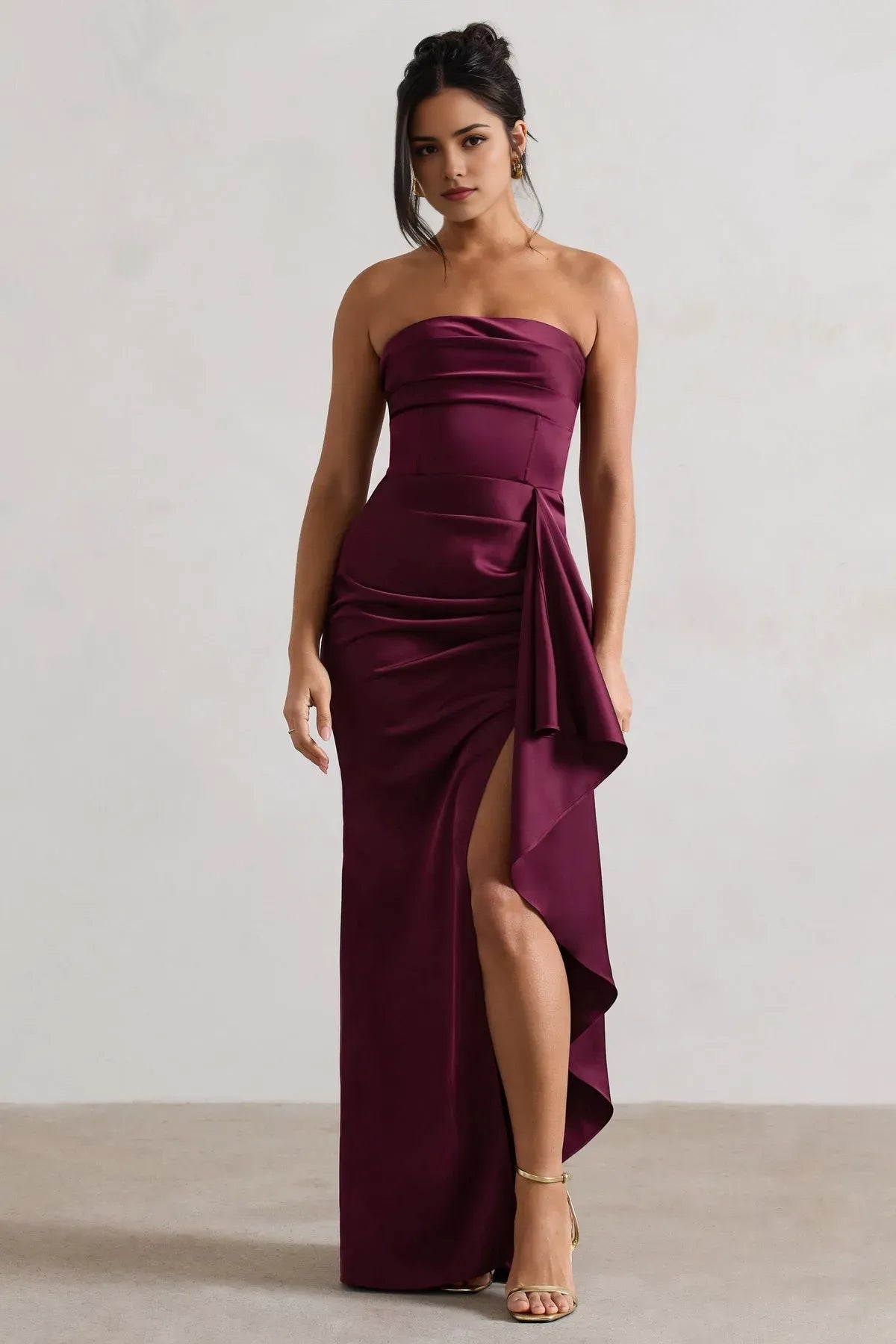 Glamorous Strapless Burgundy Satin Prom Dresses with Asymmetric Ruffle Detail and Side Slit  A Perfect Blend of Elegance and Allure for Formal Occasions
