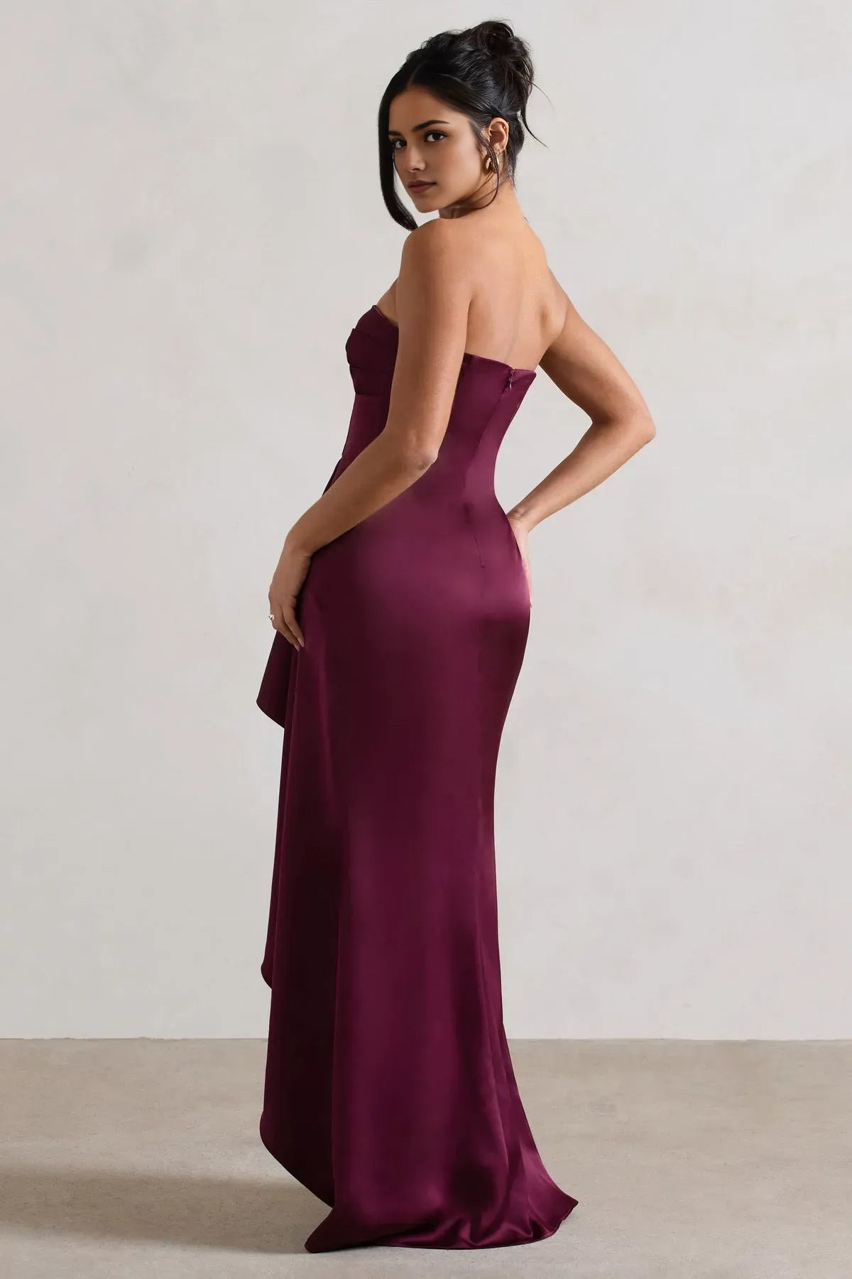 Glamorous Strapless Burgundy Satin Prom Dresses with Asymmetric Ruffle Detail and Side Slit  A Perfect Blend of Elegance and Allure for Formal Occasions