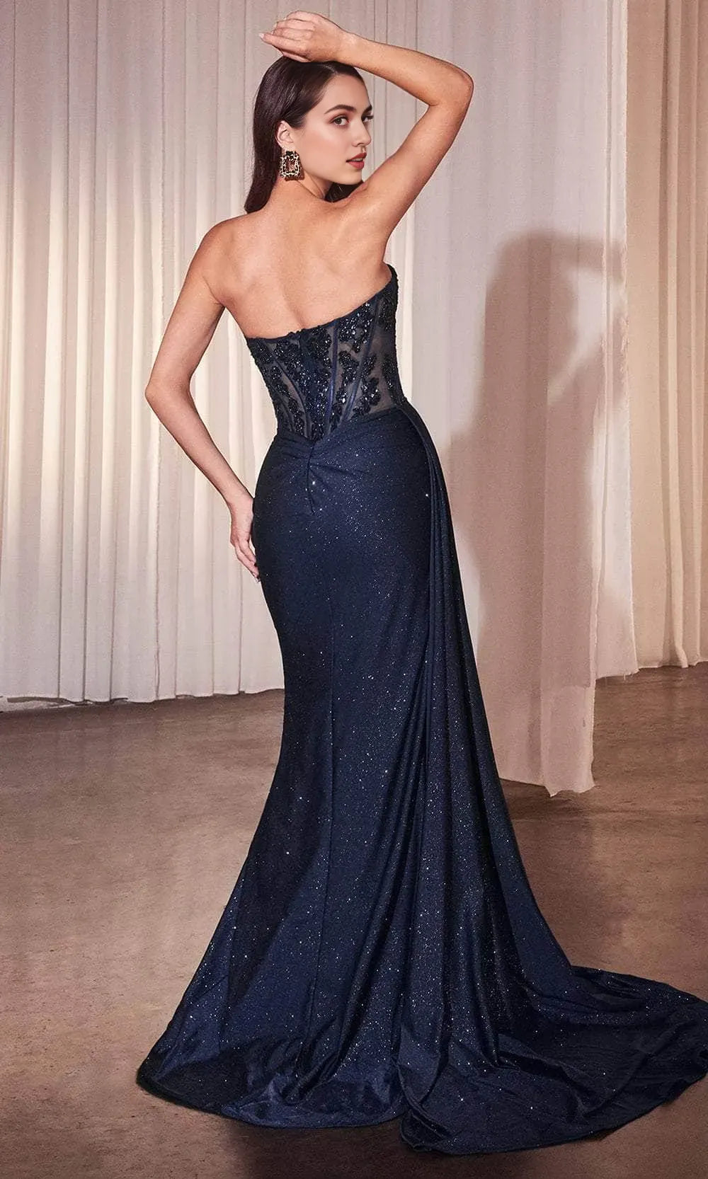 Glamorous Strapless Navy Blue Sequin Prom Dress with Sheer Embroidered Bodice Ruched Skirt  High Side Slit – Ideal for Luxury Ballroom Events and Foreign Trade Galas