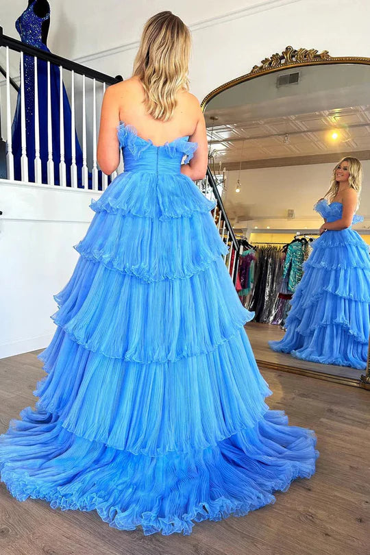 Glamorous Strapless Ruffled Blue Floor-Length Prom Dress