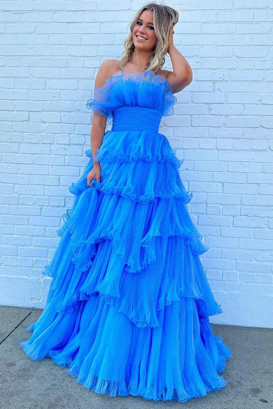 Glamorous Strapless Ruffled Blue Floor-Length Prom Dress