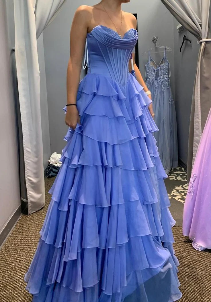 Glamorous Strapless Ruffled Periwinkle Maxi Prom Dress