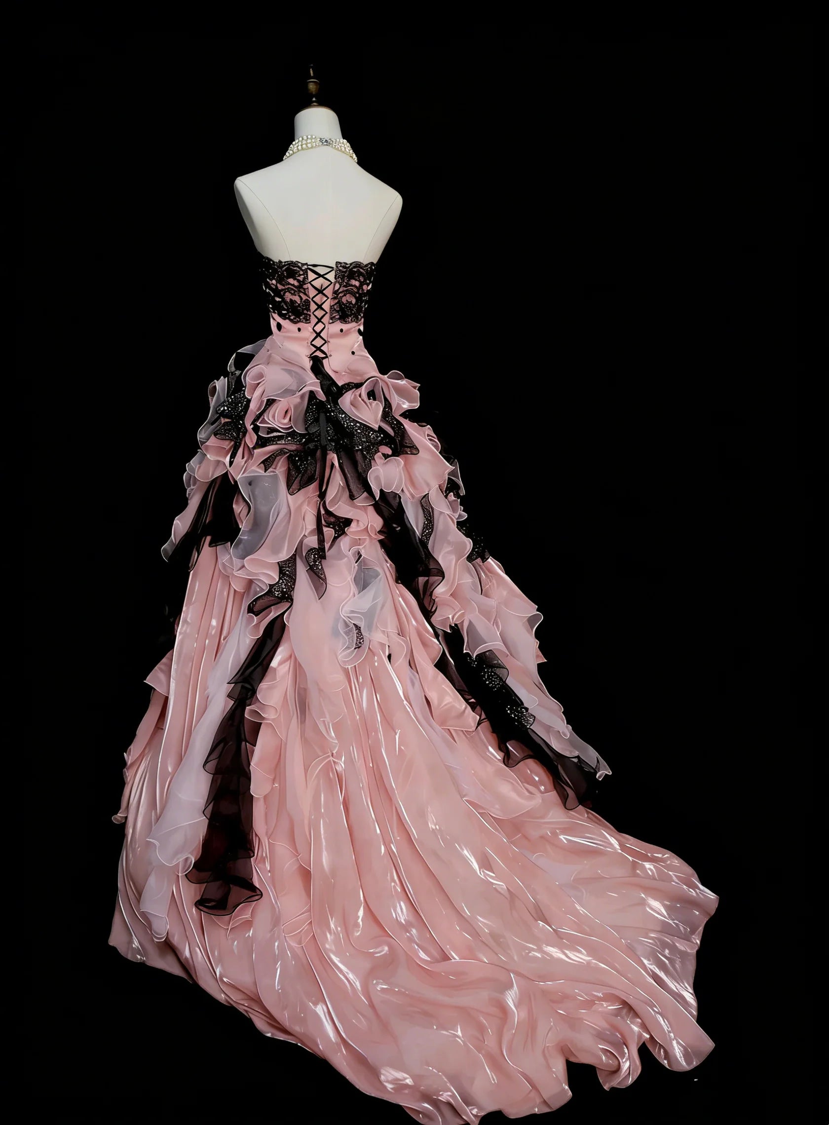 Glamorous Strapless Ruffled Pink Black Maxi Prom Dress