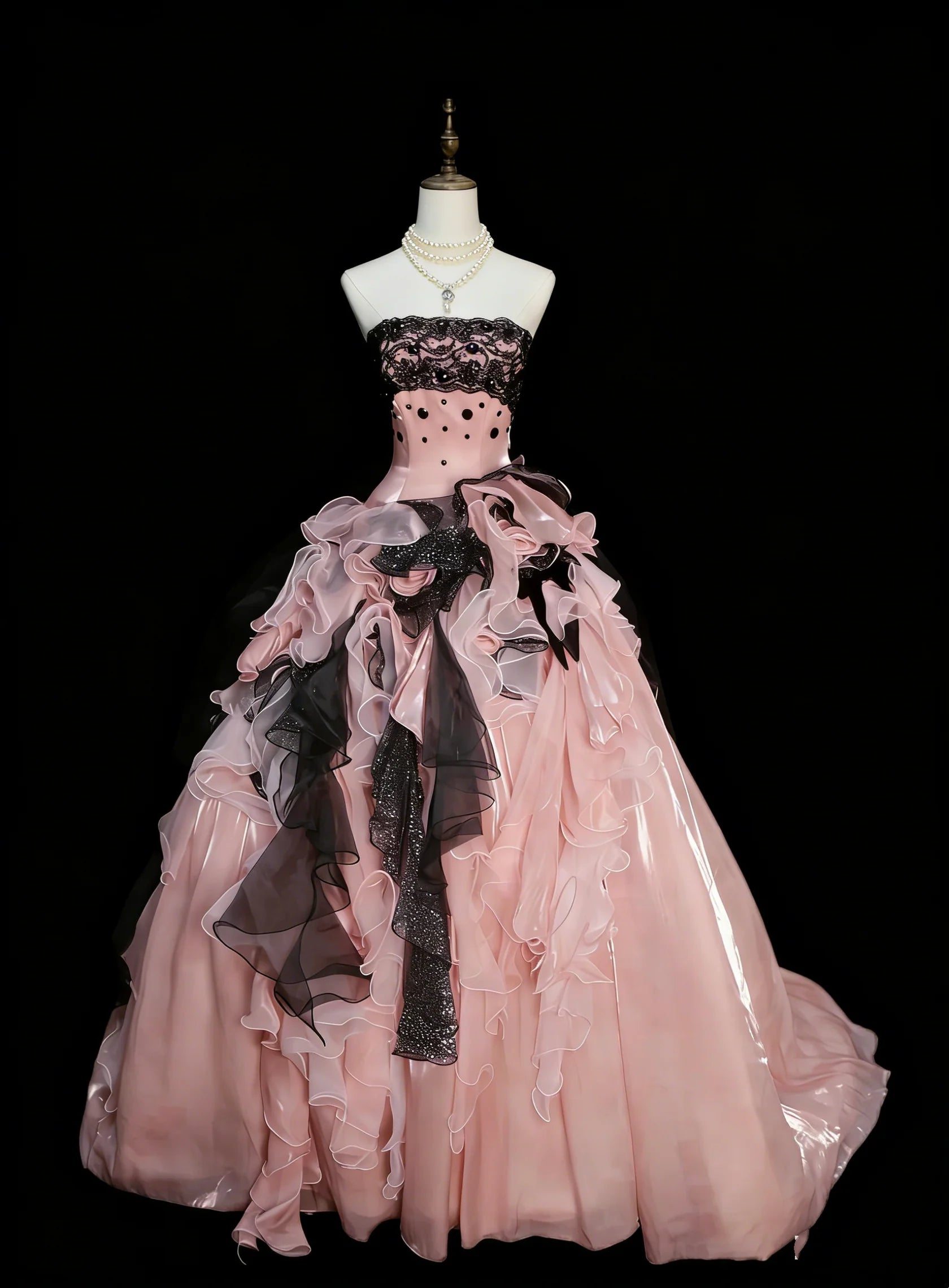 Glamorous Strapless Ruffled Pink Black Maxi Prom Dress