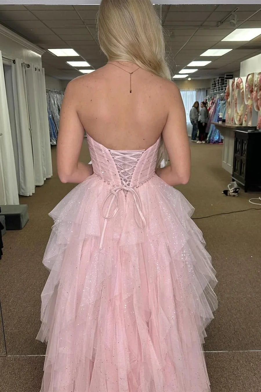 Glamorous Strapless Ruffled Pink Floor-Length Prom Dress