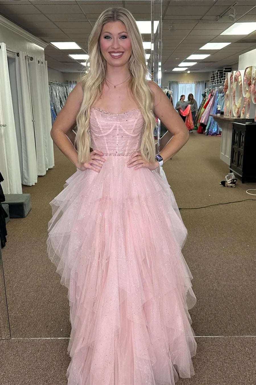 Glamorous Strapless Ruffled Pink Floor-Length Prom Dress